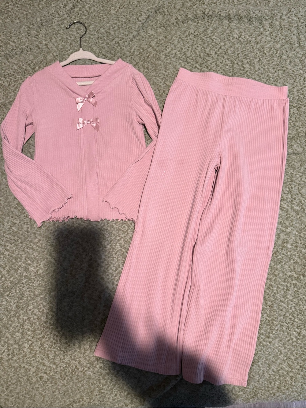 Girls' Pink Ribbed Set with Bow Detail